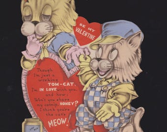 Vintage Valentine Card Anthropomorphic Lovesick TOM CAT Offers-2 Share CATNIP w Girl Kitty Oversized