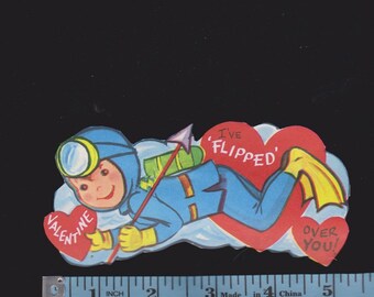 Vintage Original Card Valentine I've FLIPPED Over You SCUBA DIVER Carries Spear Unused Diving