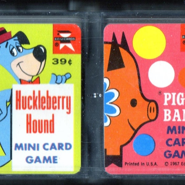 Vintage MINI Card Games Lot/2 HUCKLEBERRY HOUND & Piggy Bank T.V. Cartoon Show Characters,Coins RePurpose Paper Craft Ephemera New Old Stock