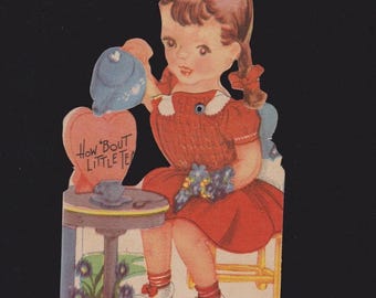 Vintage Mechanical Valentine Card How 'Bout Little TEA With A Little TEASE Girl Pours From POT Unused Diecut Original