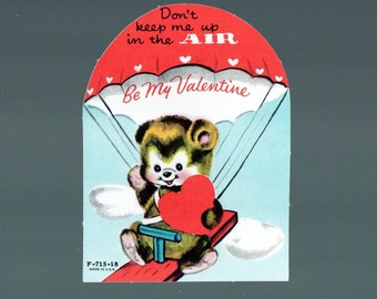 Vintage Valentine Card ANTHROPOMORPHIC BEAR On SeeSaw/Teeter Totter w Parachute Don't Keep Me Up In The AIR Original Unused DieCut Kitsch
