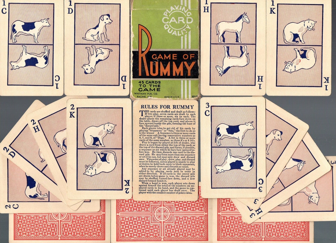 Vintage ANIMAL RUMMY CARD Game Complete Retro Art Deco Style W Reverse