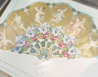 VICTORIAN VALENTINE Hand FAN Antique REPROduction Cupid On Gold w Flowers,Hearts Has Silky Cord,Tassel,Big Envelope Old Print Factory Sealed