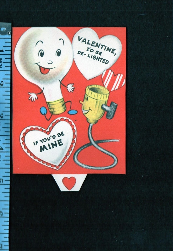 Rare Vintage Card Valentine I'd Be De-LIGHTED If You'd Be Mine  ANTHROPOMORPHIC LIGHTBULB & Electrical Light Socket UNused Retro Graphics