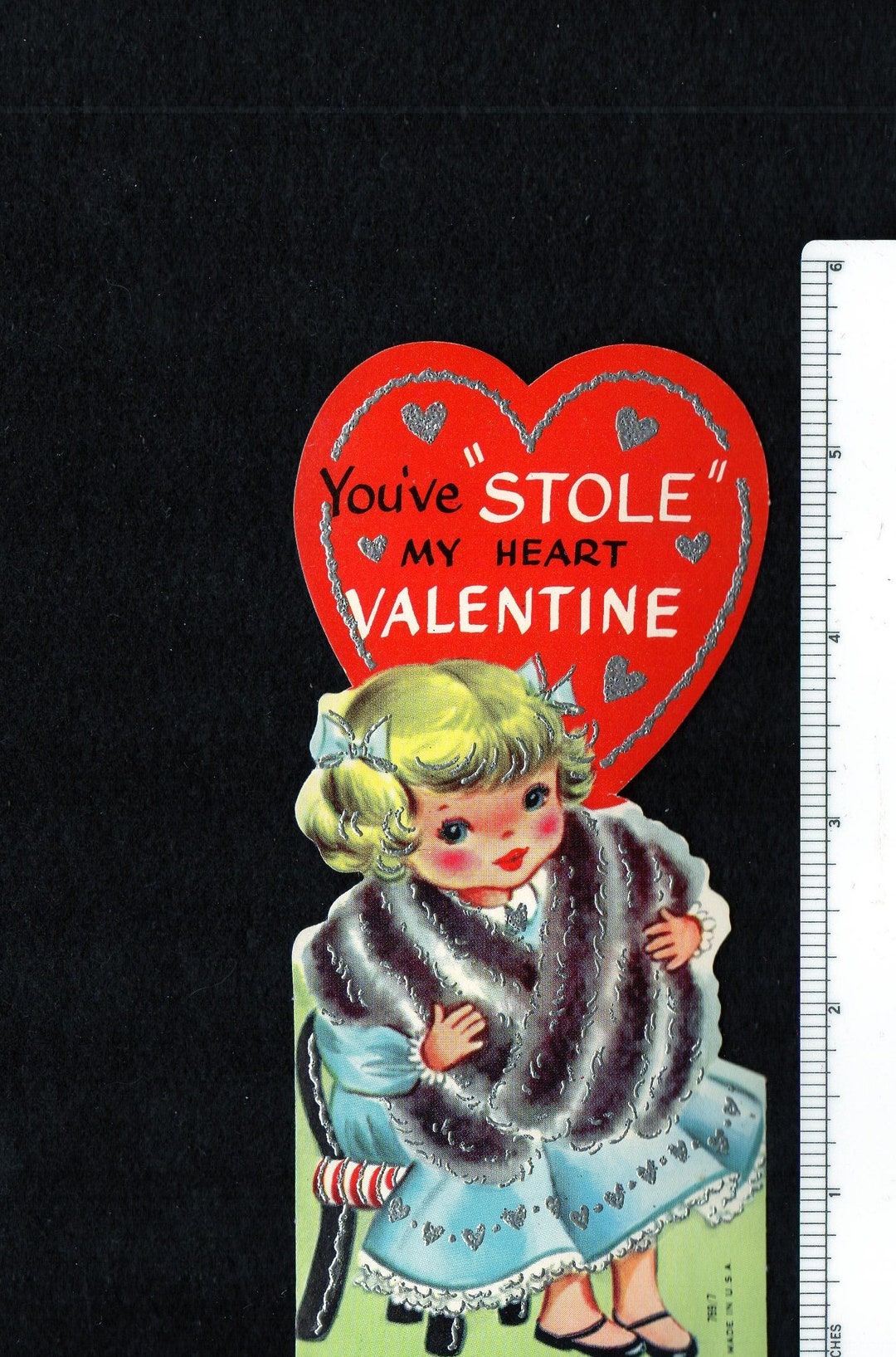 Vintage Valentines Day Card Girl Knitting Yarn Large Die Cut Blonde Crochet