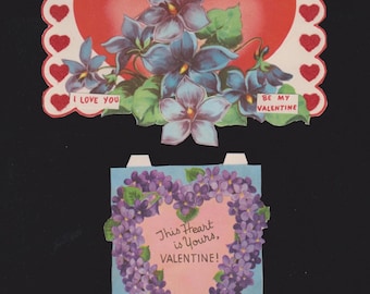 Vintage Valentine Cards Lot of 2 With VIOLETS FLOWERS 1 Has Flocked HEARTS,Unused,Die Cut,Original,Crafts,Garden Ephemera