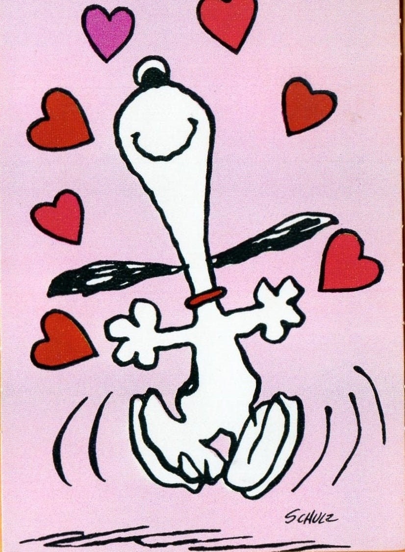 Vintage Peanuts Card Dancing SNOOPY Hope VALENTINE'S Day Makes You HAPPY  All Over Charles Schulz Character Original Hallmark Retro 2 3/4\, image size:826x1126