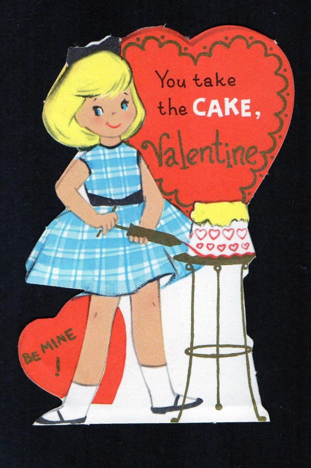 Vintage Valentines Day Card Girl Knitting Yarn Large Die Cut Blonde Crochet