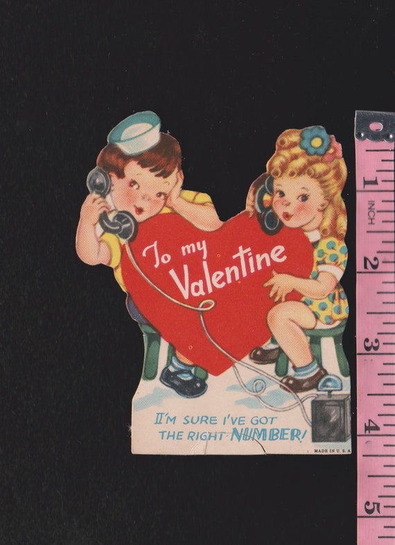 Vintage Valentine Card Boy & Girl Talk to Each Other on Retro