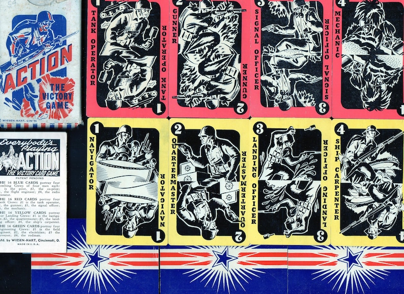 Vintage ACTION The VICTORY Game WWII Military Combat Theme Complete 64 Cards Includes Crews Bombing,Tank,Landing,Engineering Patriotic Rare