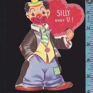 Vintage Valentine Card Hobo CIRCUS CLOWN w Patched Costume SILLY Over U UNused Original Die Cut Glittered Flocked ClownCore Crafts Ephemera