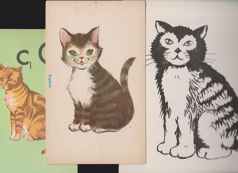 May include: A selection of cat illustrations. One is a vintage-style painting of a seated cat with brown and white fur, green eyes, and pink ears. Another is a black and white line drawing of a cat. A third image shows a cat with orange and brown stripes.