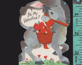 Vintage Valentine Card DONKEY Carries HEARTS & Flowers In Red SADDLE Bag Diecut Original Ephemera