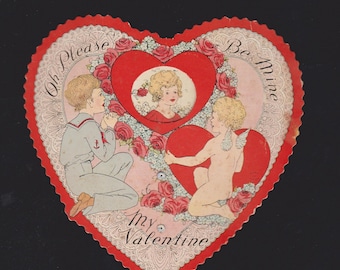 Antique Mechanical Valentine Card SAILOR Boy & CUPID See Girl Through Diecut Window Oversized HEART