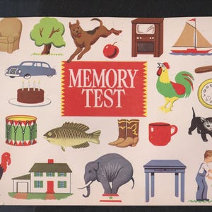 May include: A vintage illustration with various colorful objects, including a dog, cake, rooster, and a table. The text "MEMORY TEST" is displayed on a red banner. The image has a retro style.