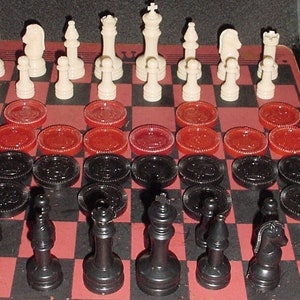 Vintage CHECKERS & CHESS PIECES Set White,Black,Red Plastic Game Play,Crafts,Room Decor King Queen Bishop Knight Rook Pawn Checkmate Crown