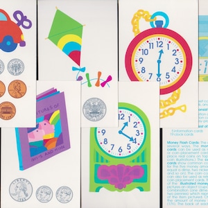 Vintage Illustrated FlashCards Lot w 19 MONEY,22 TIME Analog & Digitial CLOCKS,Pocket,Wrist Watch,Educational,Learning,Home School,Ephemera