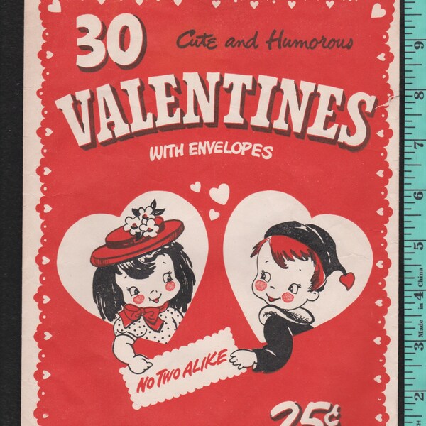 EMPTY Vintage Valentine Card Envelope Type PACKAGE w Retro Illustration Of Cute KIDS In Hats Boy,Girl Original Frameable,Display,Collection