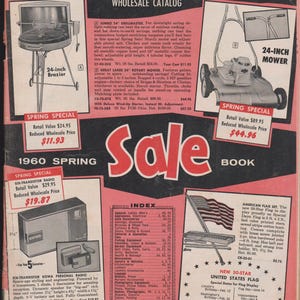 May include: Vintage 1960 Spring Sale catalog page featuring a 24-inch brazier, a 24-inch mower, and a six-transistor Kowa personal radio. The page also includes an index and an American flag set.