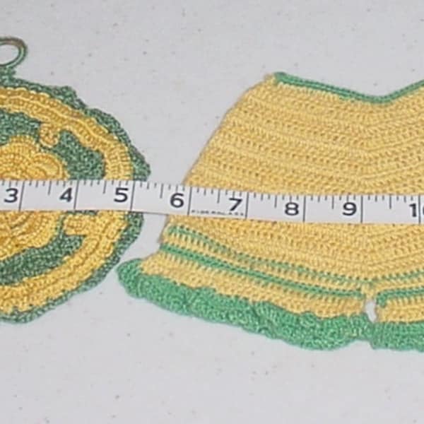 Vintage Crocheted POT HOLDERS Lot/2 Yellow  & GREEN One Round With Big Rose,One Bloomers Style For Retro Kitchen Decor Hot Pad Cute Kitschy