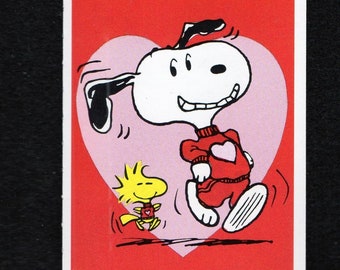 Vintage Peanuts Card WOODSTOCK & SNOOPY Jog,Run Together Hope Your Valentine&#39;s Day Really SHAPES Up Great UNused Exercise,Fitness 2 3/4&quot;x 4&quot;