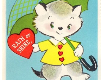 Vintage Original Card Anthropomorphic Kitty CAT w/ Umbrella RAIN Or SHINE You're My Valentine! UNused Retro Graphics Craft Weather Ephemera