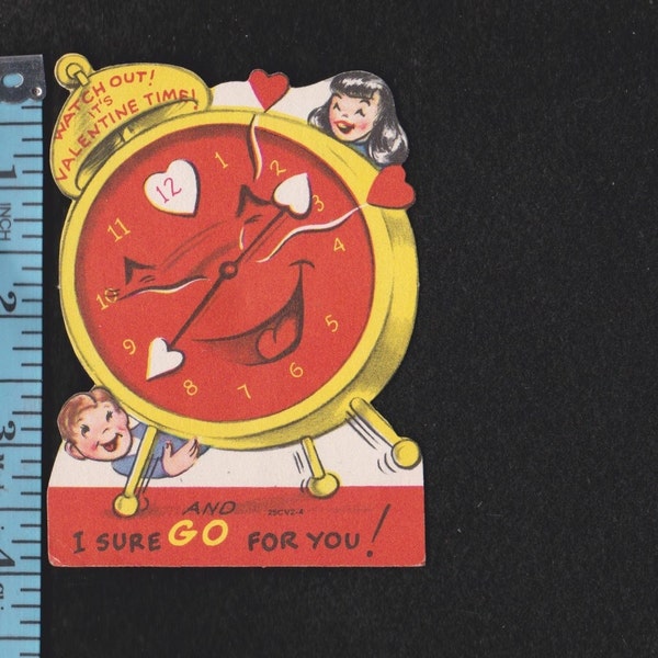 Vintage Original Card WATCH Out It's Valentine TIME And I Sure Go For You! Happy Anthropomorphic Alarm CLOCK DieCut Retro Graphics Kitsch