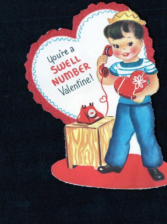 Vintage Valentine Card Boy Holds Heart Shaped Box of Candy Talks