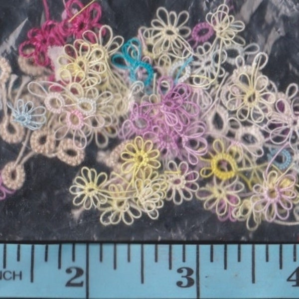 Vintage HAND TATTED Lace Bits & PIECES Multi Colors,Some Flower Shape Embellishments For Card Making,Crafts,Collage,Junk Journal,Art,Jewelry