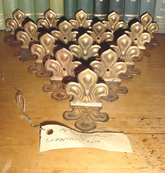 Vintage New Old Stock Lot/15 COPPER CORNER TRIM Fleur De Li,Embossed Details,Trunk, Cabinet,Furniture Hardware,Antique Restoration,Art,Craft