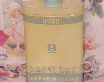 Vintage Art Deco Metal Tin w Avon DAPHNE TALCUM POWDER Perfume Scented Use For Retro Vanity Collection,Bathroom Decor Contents Still Inside