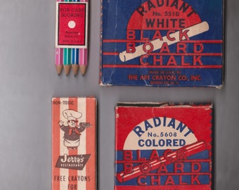 Vintage Art Supply Lot Colored CHALK,Mini PenCILS,Jerrys Restaurant CRAYONS 1 Box Is EMPTY,Retro Graphics Craft Project,Mid Century,Display