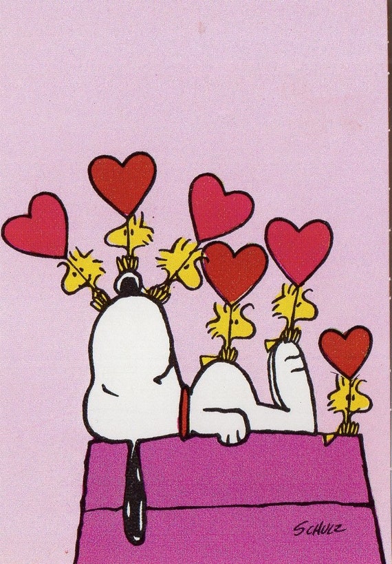 Vintage PEANUTS Card SNOOPY on Top of Dog House Woodstock,bird