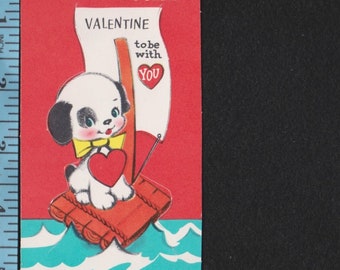 Vintage Original Card Cute Spotted PUPPY DOG Sits On A Raft I'd Cross The OCEAN Valentine To Be With You Unused DieCut Retro Kitsch Ephemera