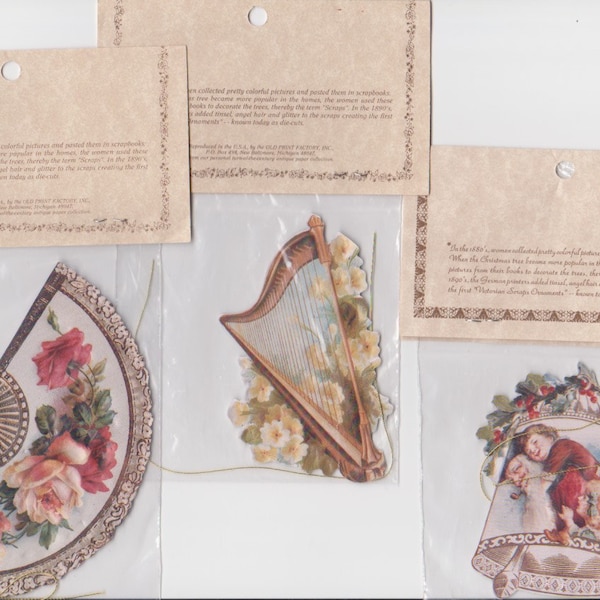 DieCut Victorian Christmas Ornament Lot/3 HARP,FAN,BELL Antique Scrap REPROduction Factory Sealed Crafts,Ephemera,Gift Package Decorations