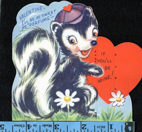 Vintage Valentine Card Cute Anthropomorphic SKUNK I'll Be SWEET As PREFUME  If You'll Be Mine UNused Original DieCut Retro Graphics Kitschy