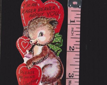 Vintage Valentine Card I'm An EAGER BEAVER About You Glittered Unused Original Diecut Crafts Ephemera
