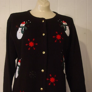 Ugly Christmas sweater, Vintage 1980s, cardigan, Christmas, holiday sweater, knit, snowman, snowflakes, holiday, M, medium,