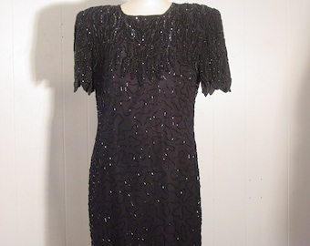 Vestidos vintage, vestido de la década de 1980, vestido negro pequeño, vestido de cuentas, Laurence Kazar, vestido vintage, vestido de fiesta, ropa vintage, medio