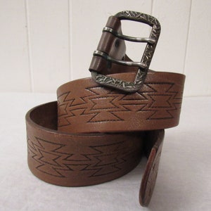 Vintage belt, leather belt, tan leather belt, 1960s belt, Aztec belt, Indian belt, hippy belt, vintage clothing, medium