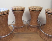 4 bar stools, vintage bar stools, tiki stools, wicker stools, mid century modern stools, bongo stools, wicker chairs, vintage furniture