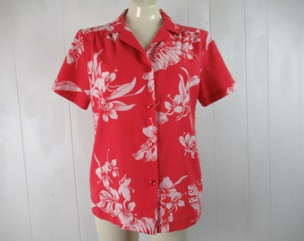 80/'s Women/'s Hawaiian Shirt Short Sleeve Blue Black Gold Turquoise Cool Print Button Down 100/% Rayon Tiny Collar Vintage by CALICHE Size S