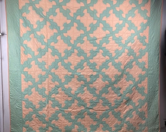 Edredón vintage, edredón de la década de 1890, turquesa y coral, cosido a mano, edredón grande, edredón de algodón, edredón antiguo, decoración vintage, 82" X 96"
