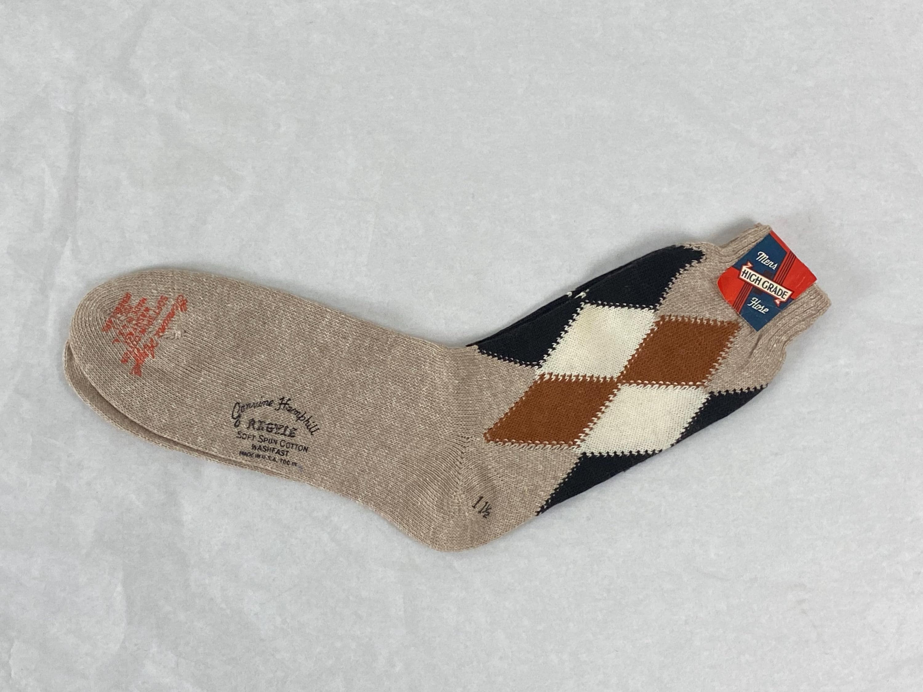 Argyle socks, size 11 1/2, 1950s socks, brown socks, Rockabilly socks, cotton diamond socks, High Grade socks, vintage clothing, NOS