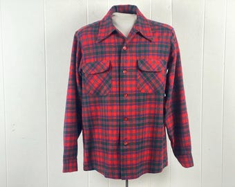 60s 70s PENDLETON Board Shirt, Vintage Wool Plaid Shirt, Red