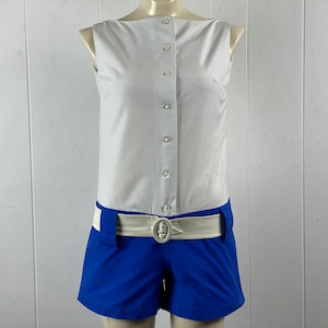 Vintage jumper, size small, 1960s jumper, vintage jumpsuit, vintage playsuit, vintage play suit, blue and white jumper,  vintage clothing