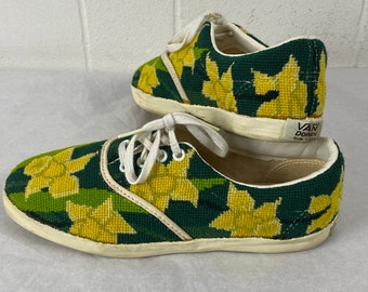 Vintage sneakers, 1960s Vans, Van Doren tapestry shoes, faux suede, skateboard shoes, embroidered Van shoes, vintage clothing, size 7