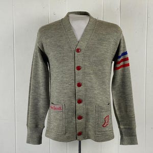 Vintage cardigan, size small, 1950s sweater, Winged foot patch, school sweater, gray cardigan, vintage striped sweater, vintage clothing