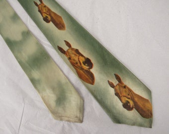 Vintage necktie, horses necktie, 1940s necktie, photo print necktie, color photo, Mansfield, vintage clothing