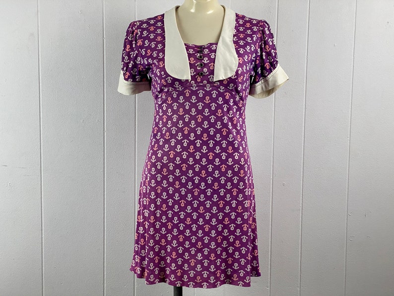 Vintage dress, anchor dress, 1960s dress, sailor dress, nautical dress, purple dress, nylon dress, Mod dress, vintage clothing, size small image 1